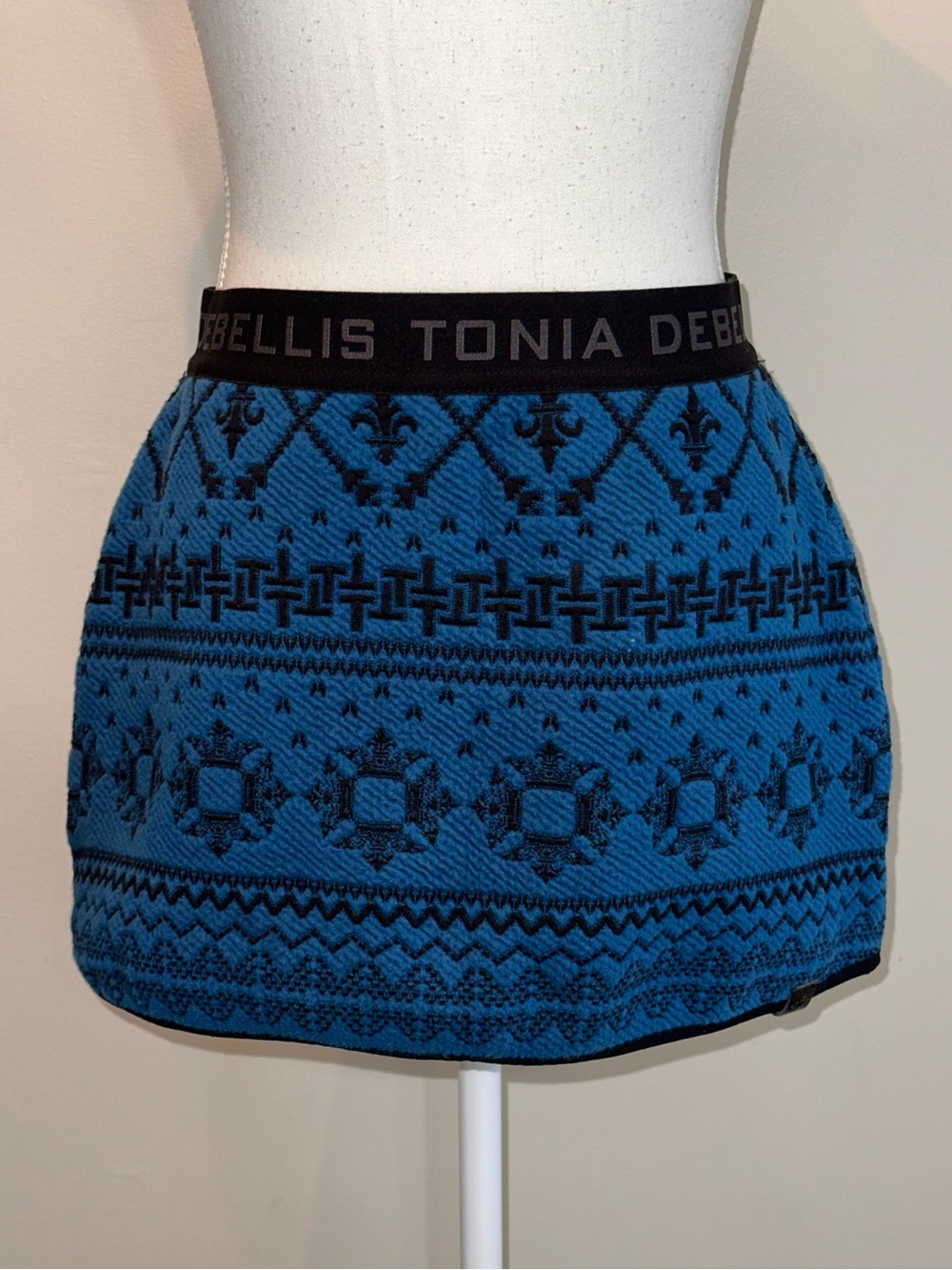 Tonia Debellis Blue Patterned Knit Mini Skirt
